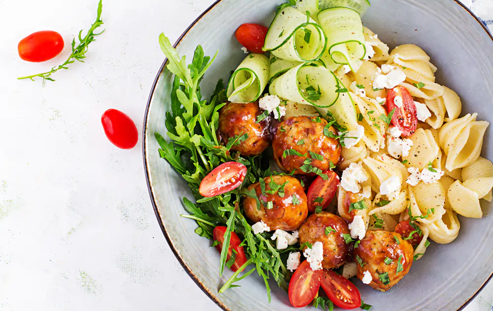 Pasta plate. Begin with salad, then meat and finish with the pasta